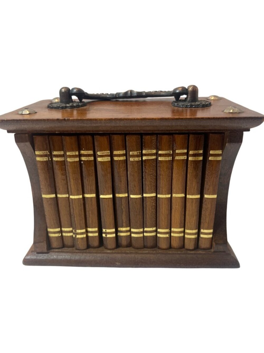 Vintage 12 Wooden Gentleman's Book-Themed Coaster Holder Set with Brass Handle &